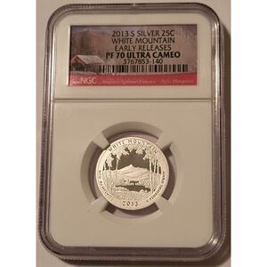 2013 S Silver White Mountain NP Quarter Proof PF70 UC NGC ER Cabin Label